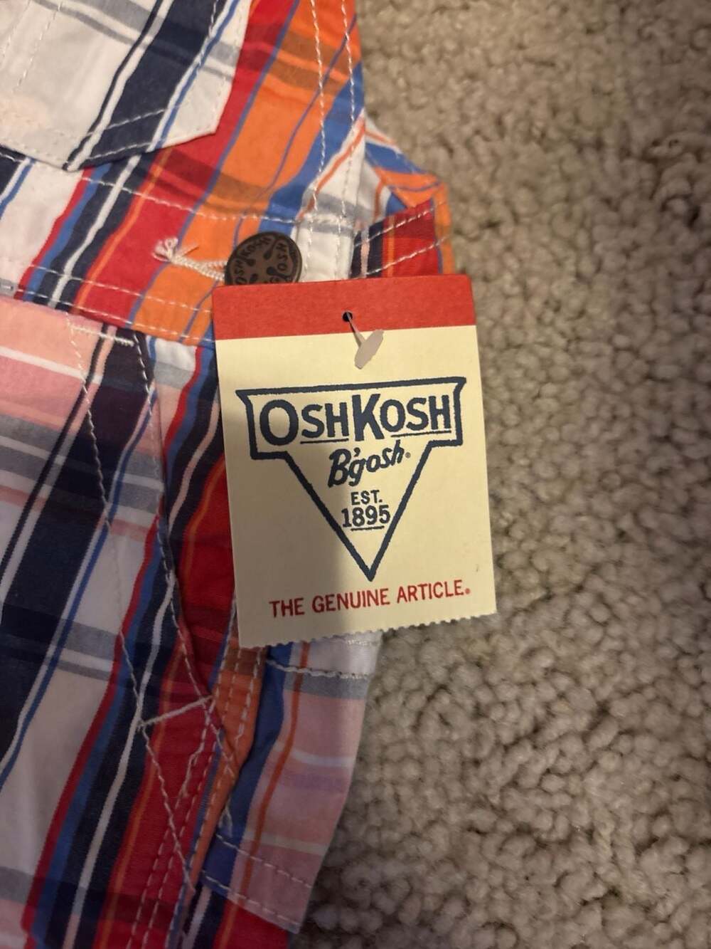 NWT OshKosh B'gosh Baby Boy Plaid Shortalls Overalls 6M Orange Blue White - Picture 2 of 6